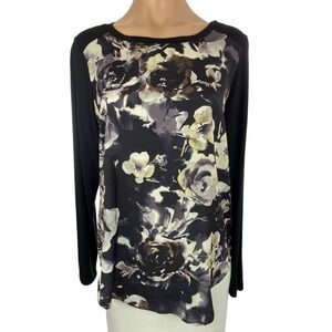 Ruff Hewn Pullover Top Black w White Floral Long Sleeve Size M Asymmetric Hem